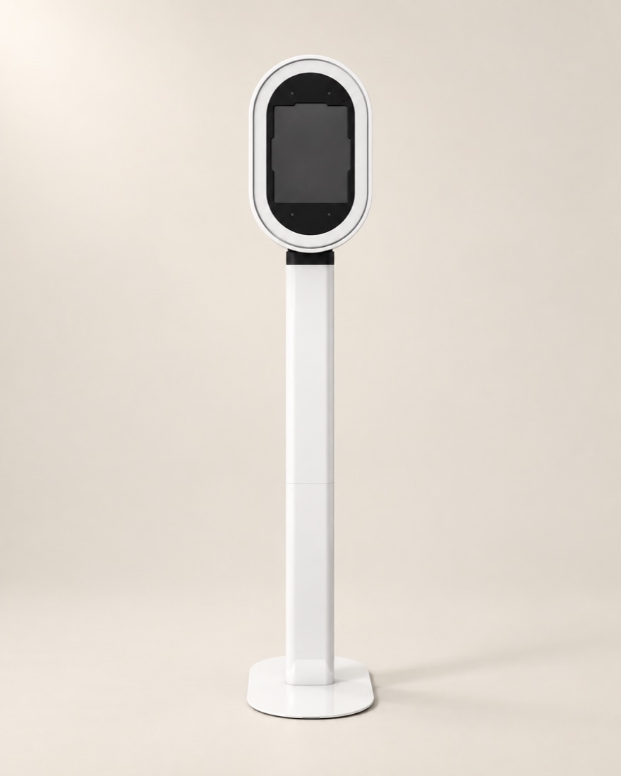 The digital booth in a neutral studio setting
