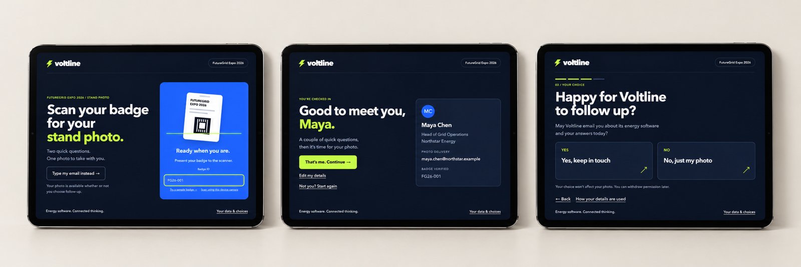 Badge scan, welcome and follow up screens on iPad