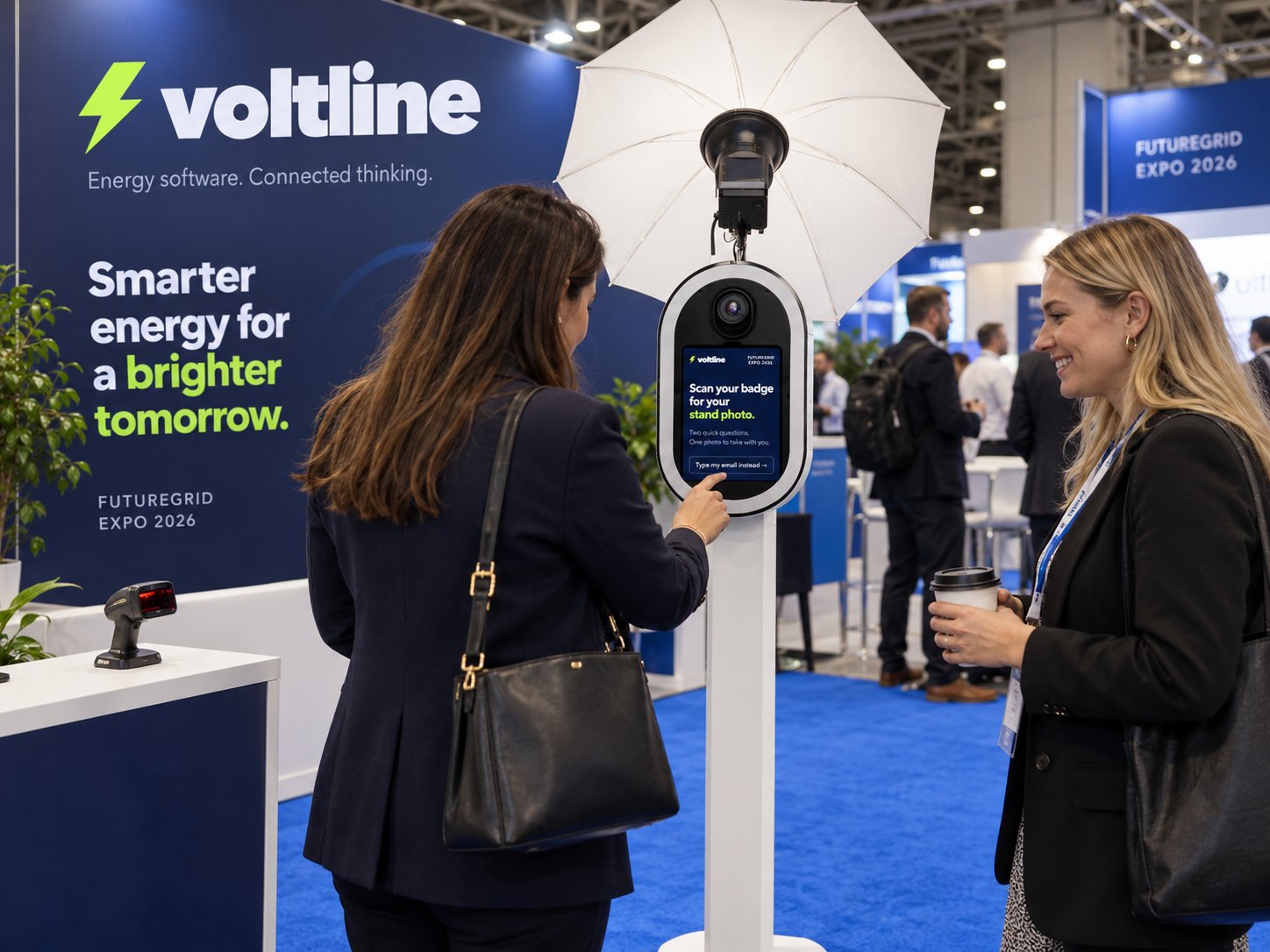Delegate scanning a badge at our studio booth on an exhibition stand (concept)