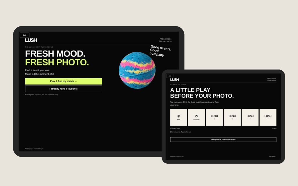 LUSH scent memory game concept on iPad photo booth screens