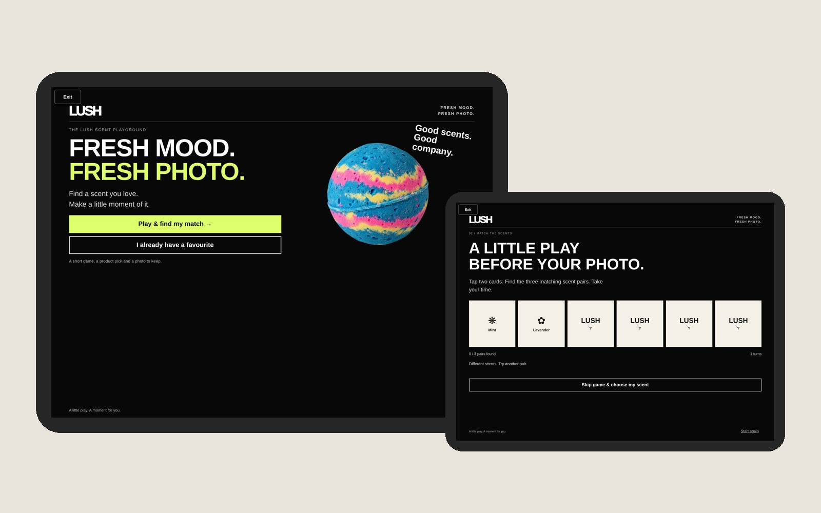 LUSH scent memory game concept on iPad photo booth screens