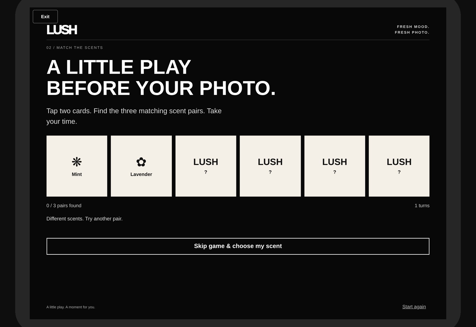 Scent memory match game screen from the LUSH concept