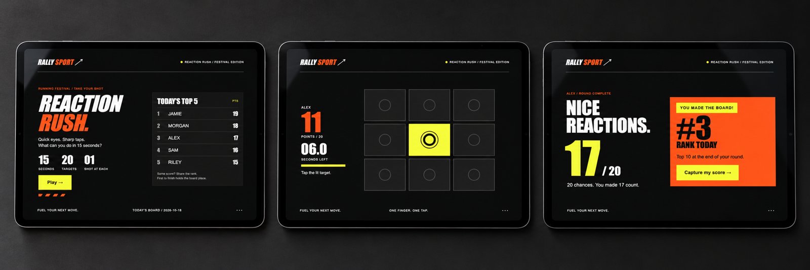 Reaction Rush attract, game and result screens on iPad