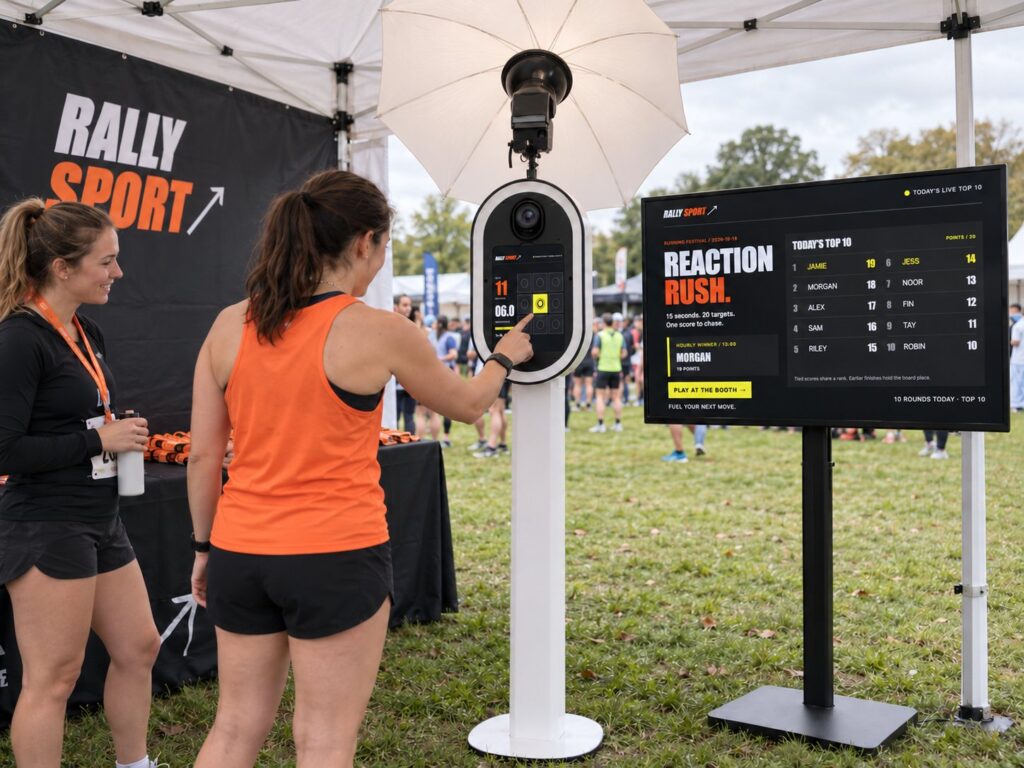 Reaction Rush game on our studio booth at a running festival, with the live leaderboard on a separate screen (concept)